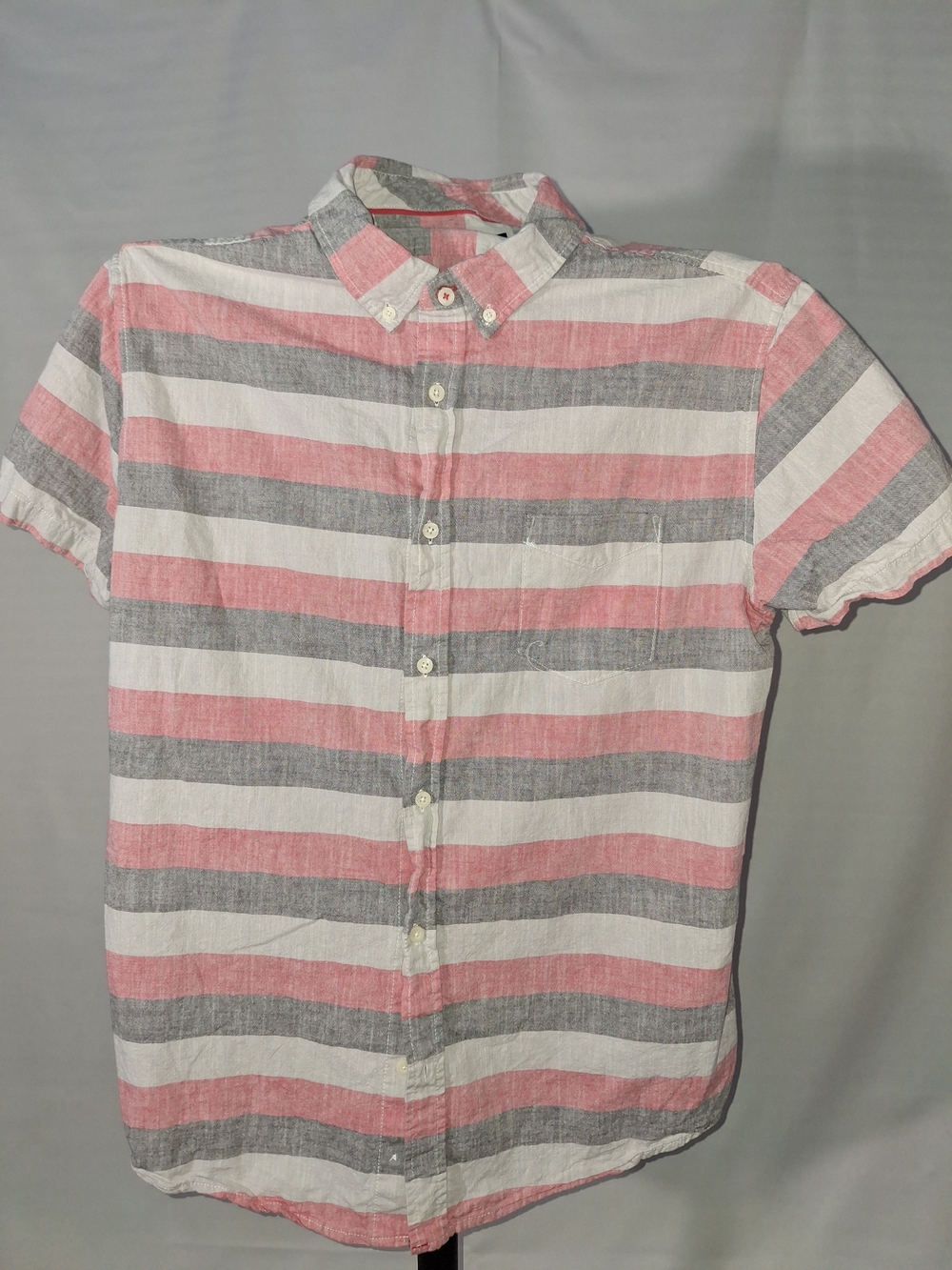 Aeropostale Short-Sleeve Button-Down Shirt - Pink, Gray & White Stripes